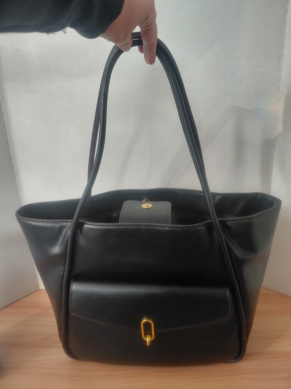Worthington Black Tote with Front Pocket and Gold Hardware